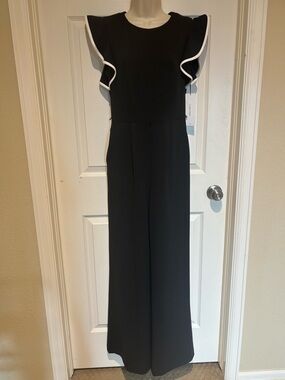 Calvin Klein Black Jumpsuit with White-Trim Ruffle Sleeves
